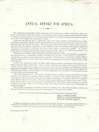 1861 &ndash; Broadside titled, &ldquo;Annual Effort for Africa&rdquo; published by the Pennsylvania...