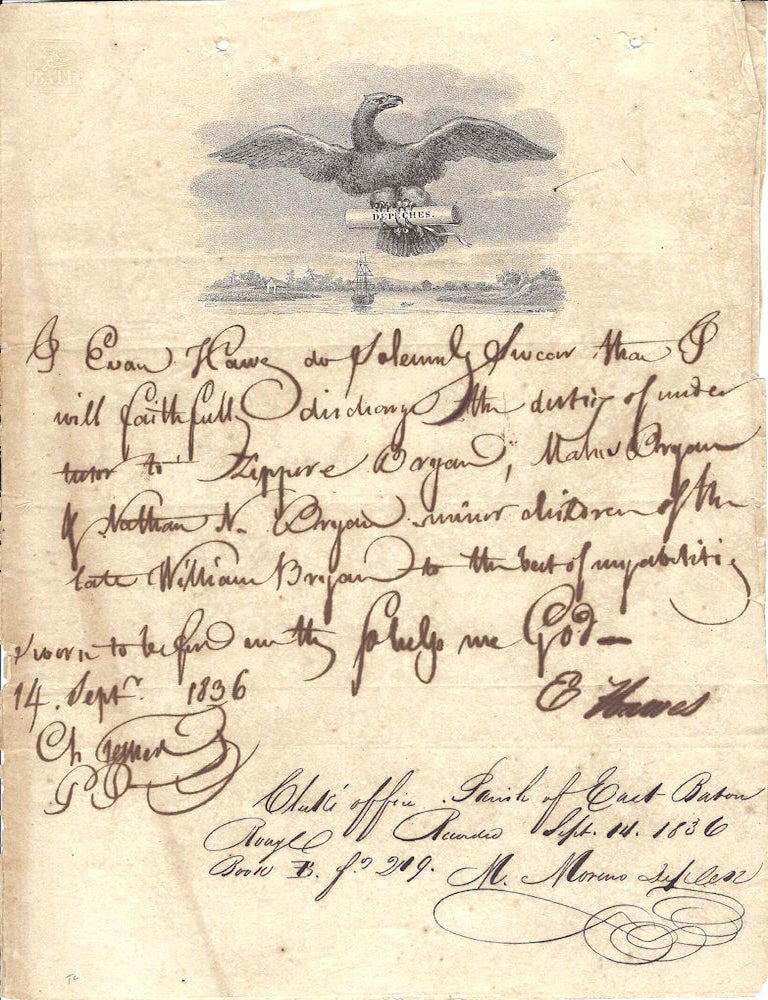 Item #010809 1836 &ndash; Sworn statement to serve as an &ldquo;undertutor&rdquo; for minor children. Evan Haws.