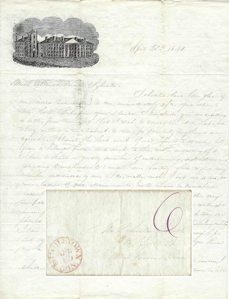 Item #010810 1840 &ndash; Letterhead showing the first buildings of Wesleyan College in Middletown, Connecticut, which it purchased from Alden Partridge when he moved what was to become Norwich University to Northfield, Vermont. Stephen P. Baugh.