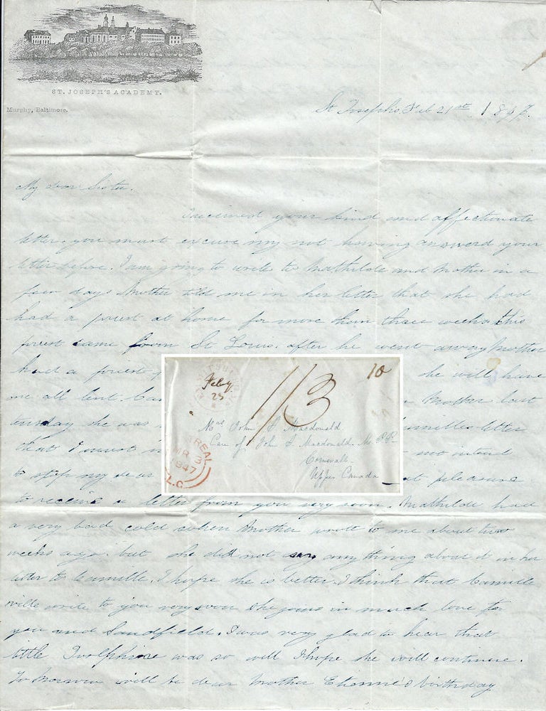 Item #010813 1847 &ndash; Letter to her sister in Canada from a young woman attending the first U. S. Catholic school for women, which was founded by Elizabeth Ann Seton, the first native-born U. S. citizen to be canonized as a saint. &ldquo;Eliza&rdquo;.
