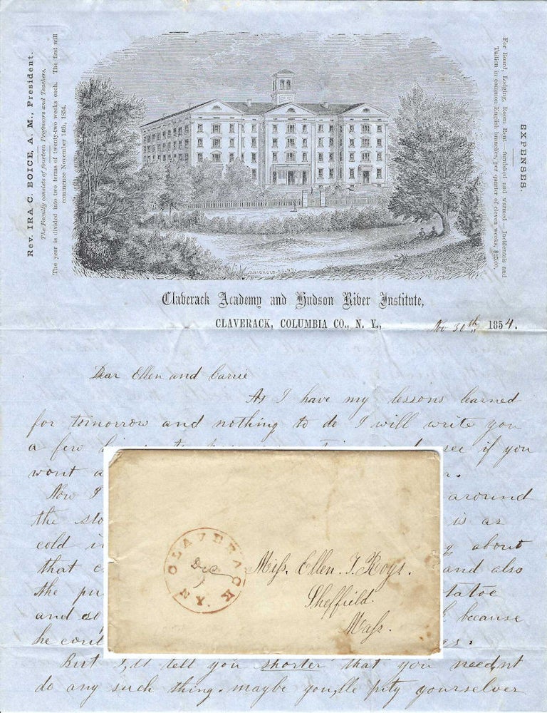 Item #010819 1854 &ndash; Letter from a student at Claverack Academy and Hudson River Institute describing school life including a delicious Thanksgiving feast. Franklin Roys.