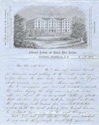 1854 – Letter from a student at Claverack Academy and Hudson River Institute describing school life including a delicious Thanksgiving feast