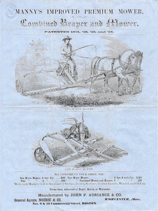Item #010821 Circa 1855 &ndash; Broadsheet advertising Manny&rsquo;s Improved Premium Combined Reaper and...