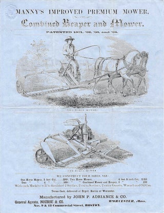Item #010821 Circa 1855 – Broadsheet advertising Manny’s Improved Premium Combined Reaper and...