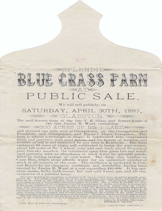 Item #010828 1887 &ndash; Invitation circular to bid in an auction for a 300-acre blue grass farm printed on an experimental die-cut envelope to save in postage costs. Bettie F. Glass Geo. V. Payne, Capt. Nat. S. Offutt.