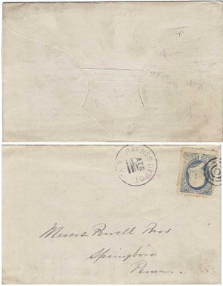1887 – Invitation circular to bid in an auction for a 300-acre blue grass farm printed on an experimental die-cut envelope to save in postage costs