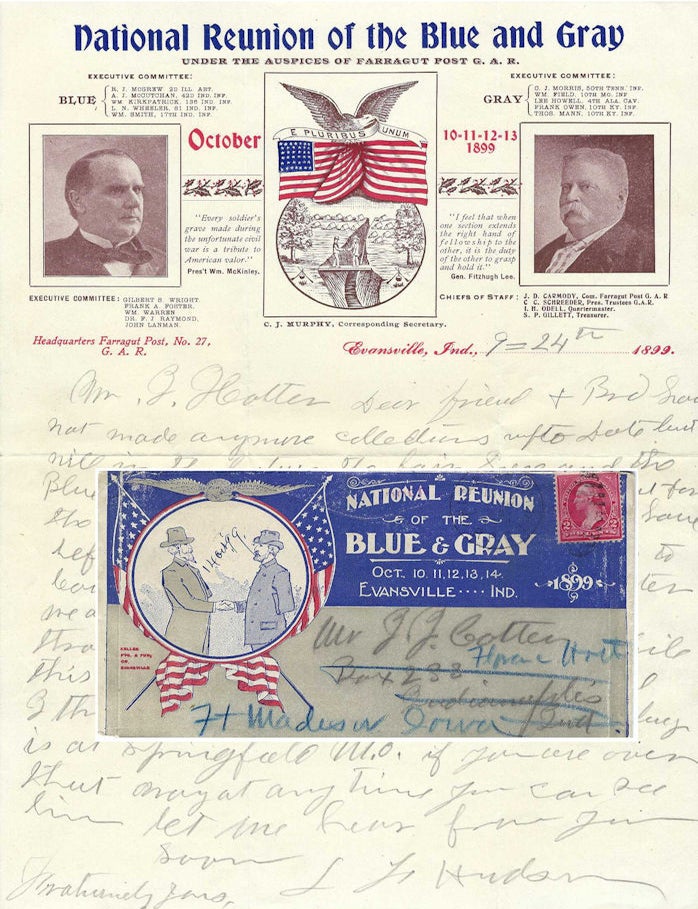 Item #010830 1899 &ndash; Letter regarding the impact of the National Reunion of the Blue and Grany upon fraternal (probably Masonic) recruiting. L. F. Hudson.