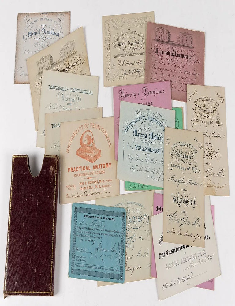 Item #010831 1846-1850 &ndash; 19 tickets entitling a student to attend medical lectures and events given at the University of Pennsylvania, the premier medical school of the day by some of the most important physicians in the country. All issued to Levi Rutherford.