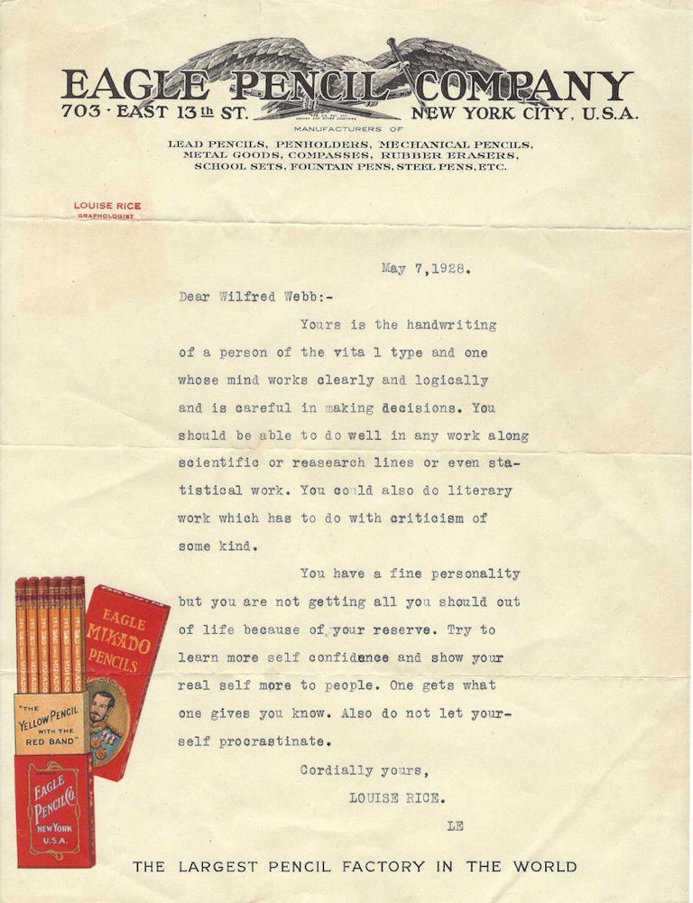 Item #010833 1928 &ndash; Letter from famed graphologist, Louise Rice, analyzing the handwriting of a customer of the Eagle Pencil Company who had taken advantage her service through a marketing partnership. Louise Rice.