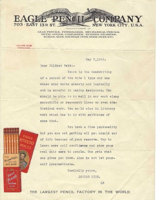 Item #010833 1928 – Letter from famed graphologist, Louise Rice, analyzing the handwriting of a...